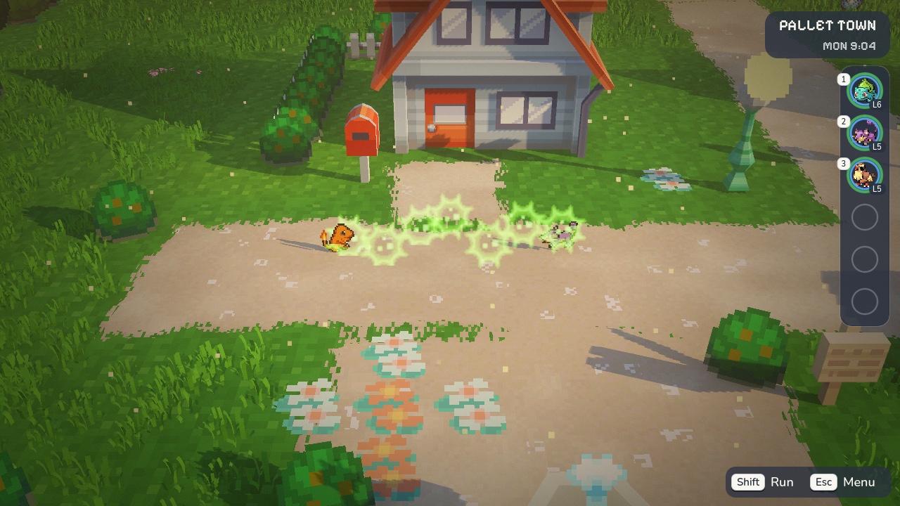 Charmander e outro Pokémon aparecem ligados por um efeito verde de golpe em Pokémon Battle Advanced.