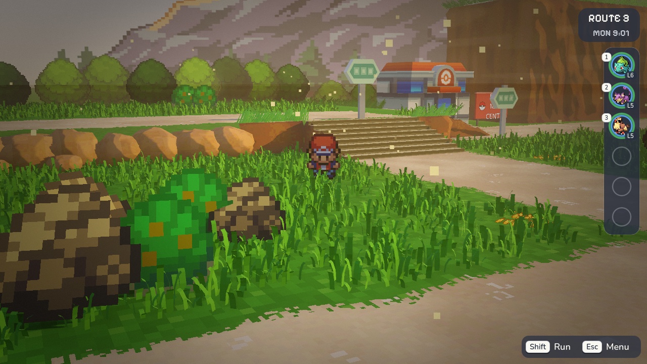 Treinador explora a Rota 3 de Pokémon Battle Advanced, com Mt. Moon ao fundo.