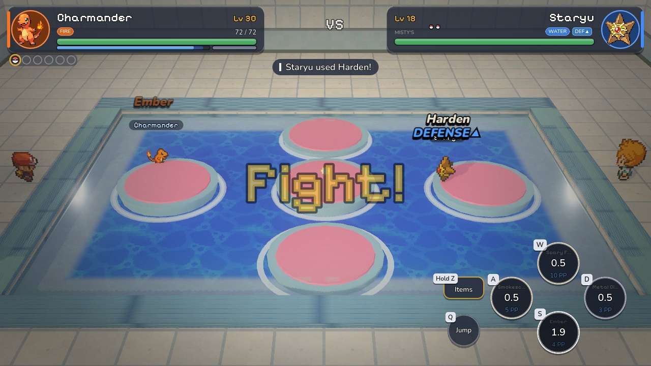 Charmander enfrenta o Staryu de Misty em uma piscina com plataformas no Pokémon Battle Advanced.