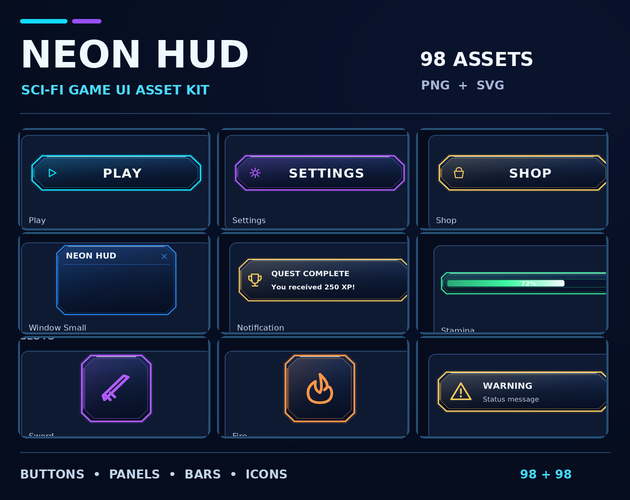 Neon HUD Game UI Kit — 98 Sci-Fi Interface Assets by AugTheBest