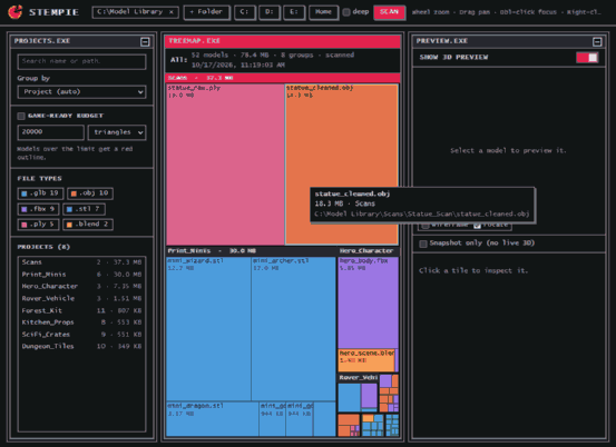 StemPie in action: treemap, 3D preview, game-ready budget, show one file type, zoom