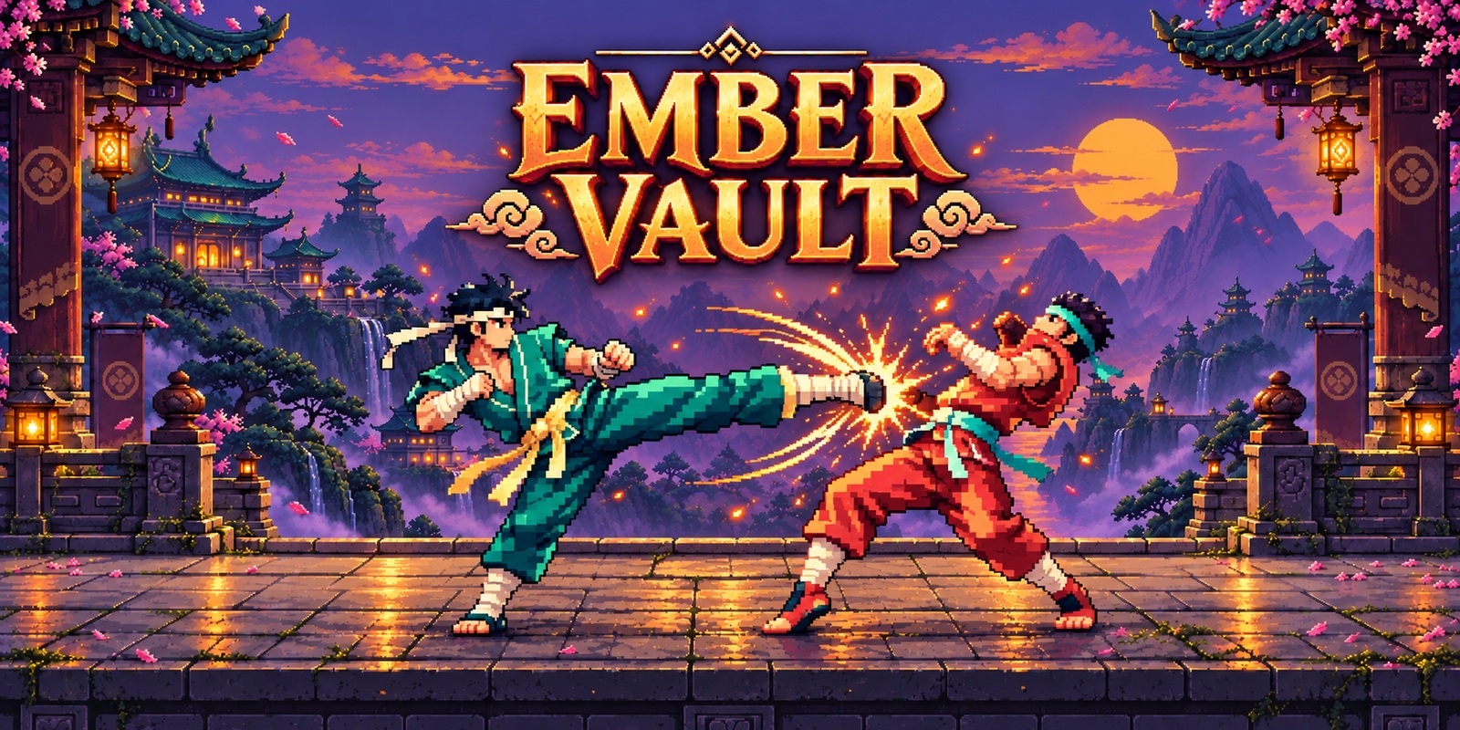 Ember Vault &mdash; two martial artists, a side kick connecting with an impact