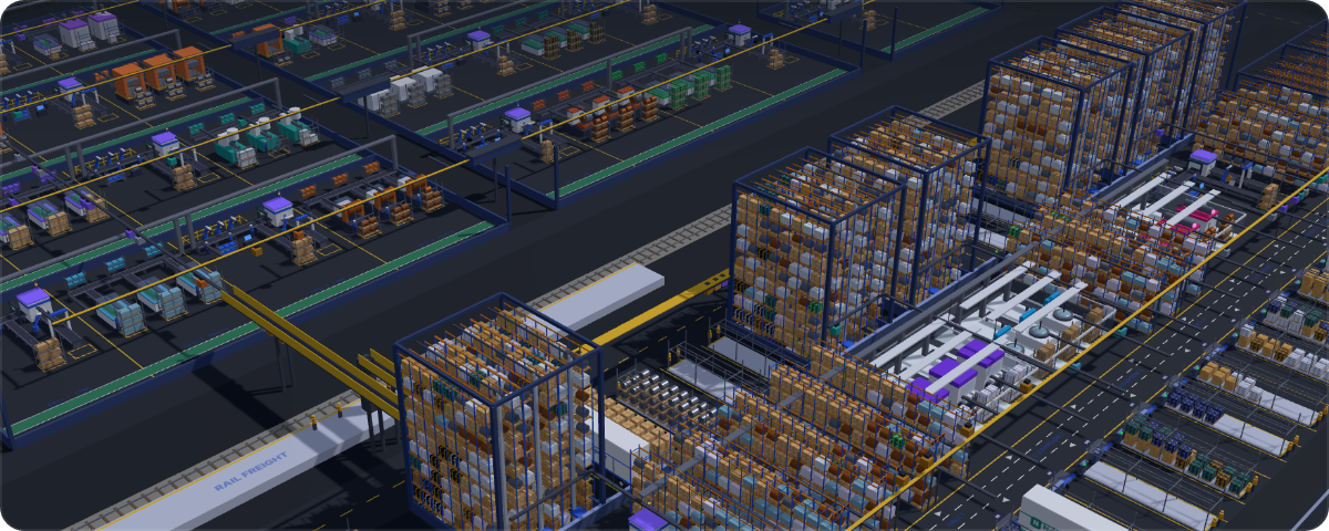 A large site from above: high-bay storage, automated plants, docks and rail freight