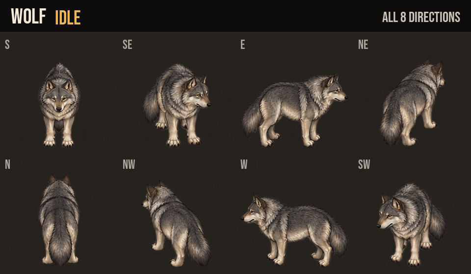 Wolf idle, walk and run in all 8 directions