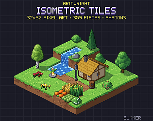 Gridwright Isometric Tiles: 32x32 Pixel Art Isometric Tileset - Blocks, Water, Roads, Buildings (359 pieces)