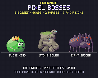 Gridwright Pixel Bosses: 8 Animated 96x96 Pixel Art Boss Monsters (2 Phases, 816 Frames)