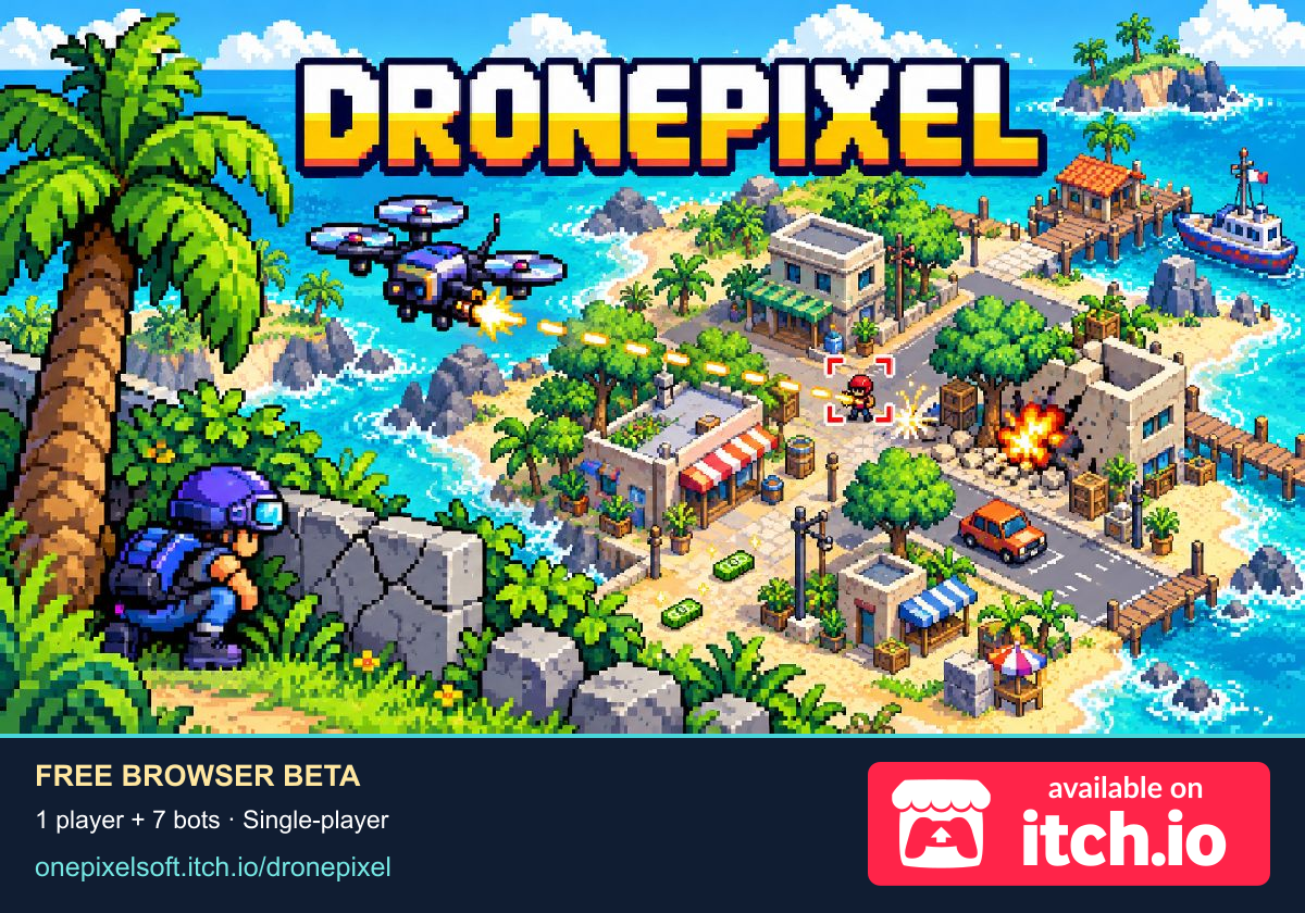 DronePixel promotional pixel art with official available on itch.io badge