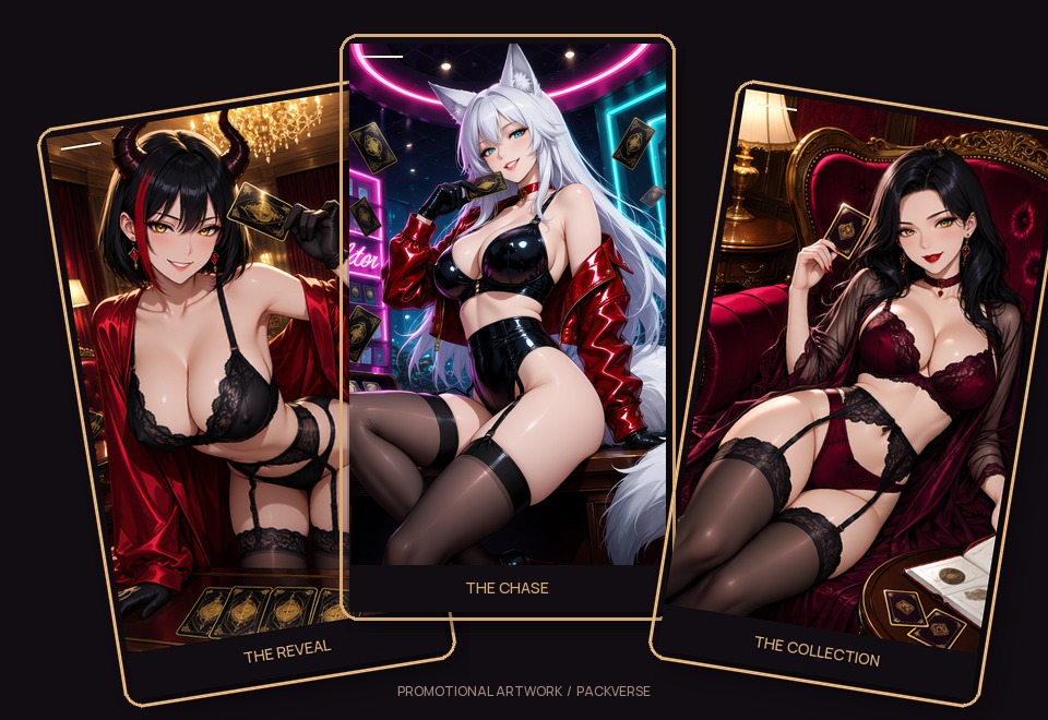 Three framed promotional art cards for PackVerse, arranged as a collector's fan.