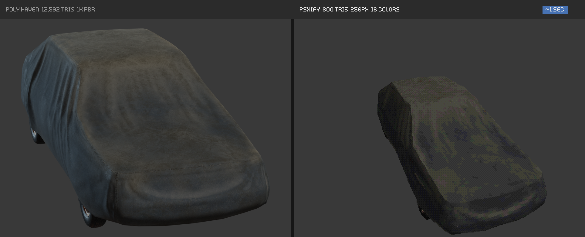 Covered Car: original render with 12,592 triangles, and the PSXIFY result with 800 triangles, 256 px and 16 colours