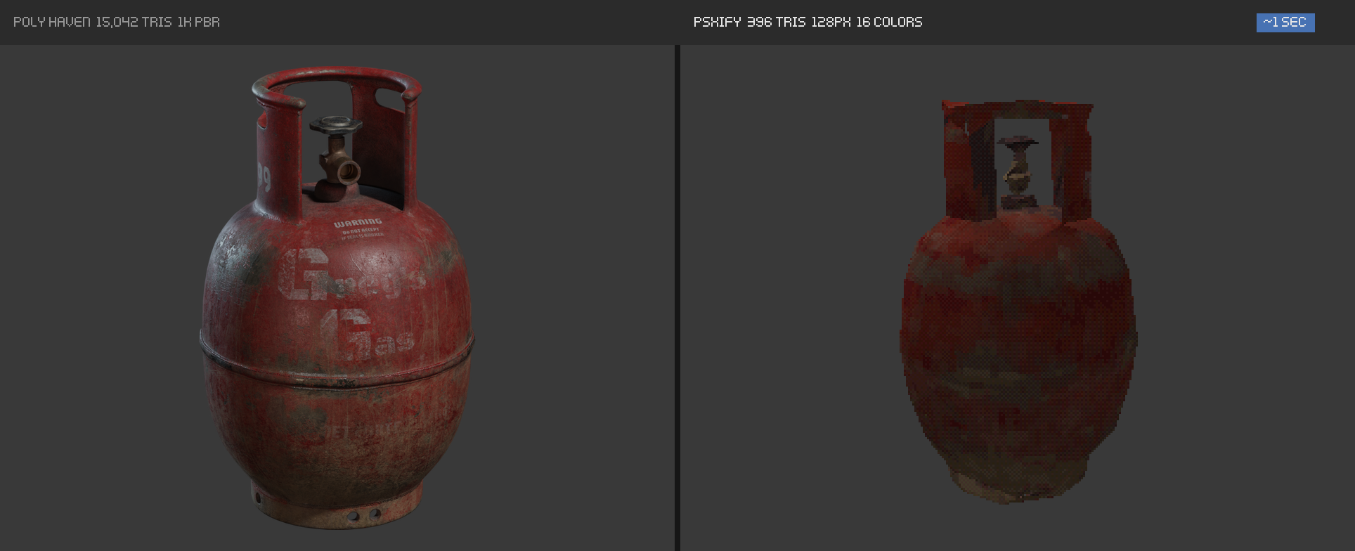 Small LPG Tank: original render with 15,042 triangles, and the PSXIFY result with 396 triangles, 128 px and 16 colours