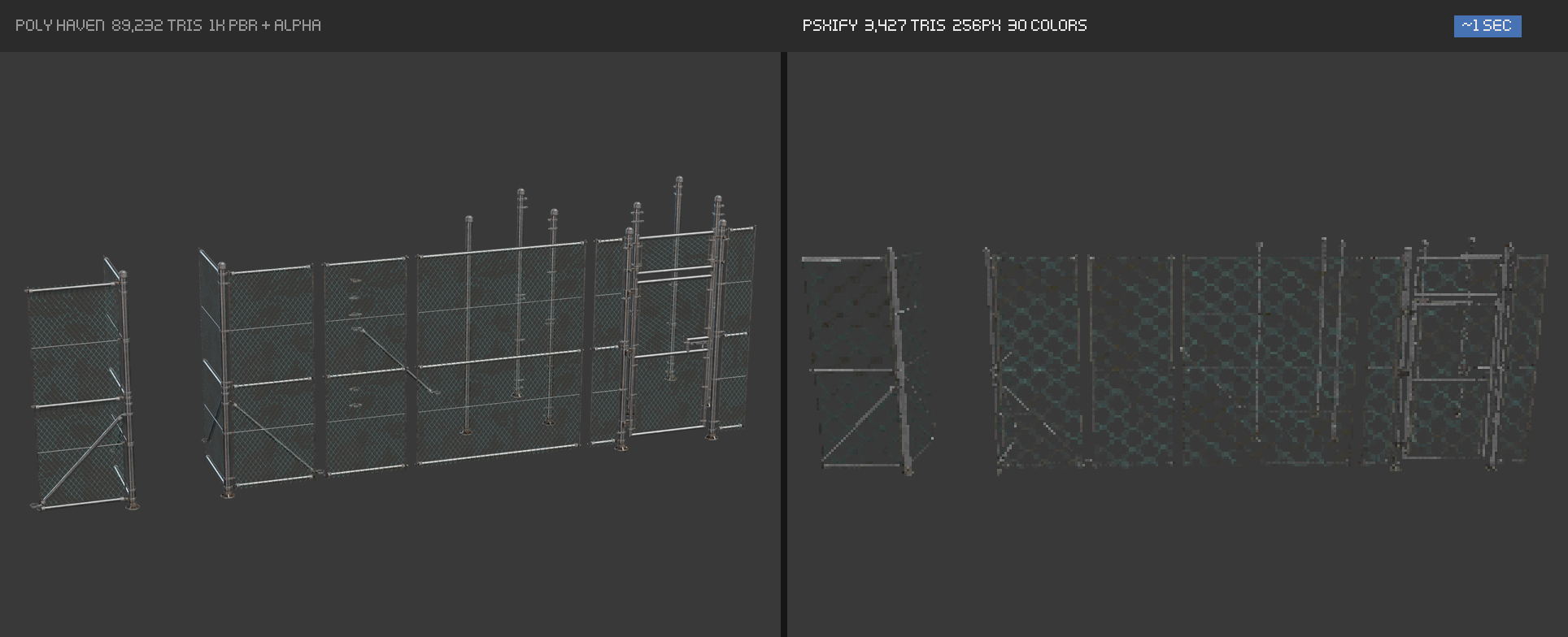 Modular Chainlink Fence: original render with 89,232 triangles and an alpha map, and the PSXIFY result with 3,427 triangles, 256 px and 30 colours, with the chain-link holes preserved
