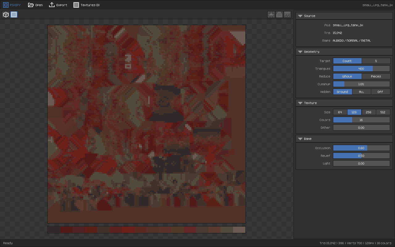 Texture view: the baked 128 px atlas and its 16-colour palette