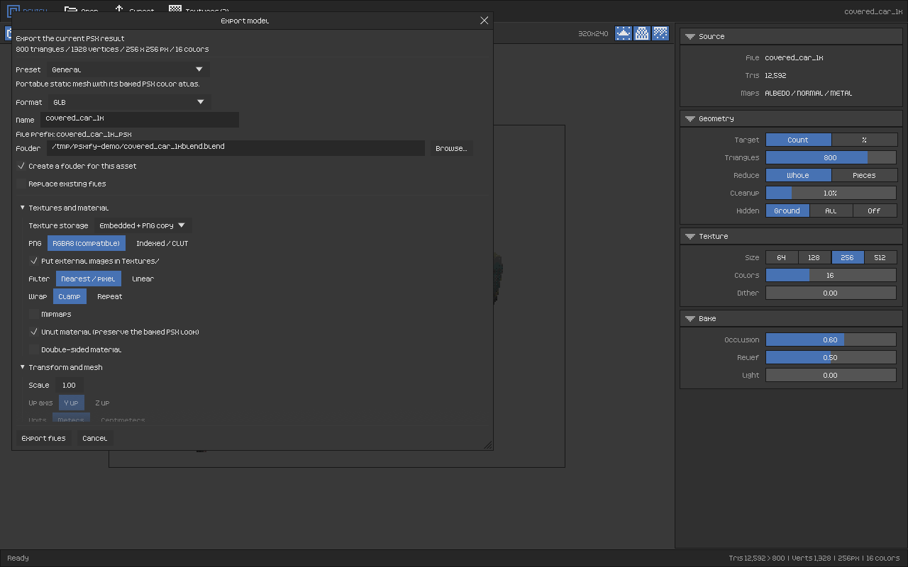 Export dialog with engine presets and format options