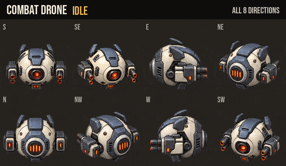 Combat Drone idle, walk and run in all 8 directions