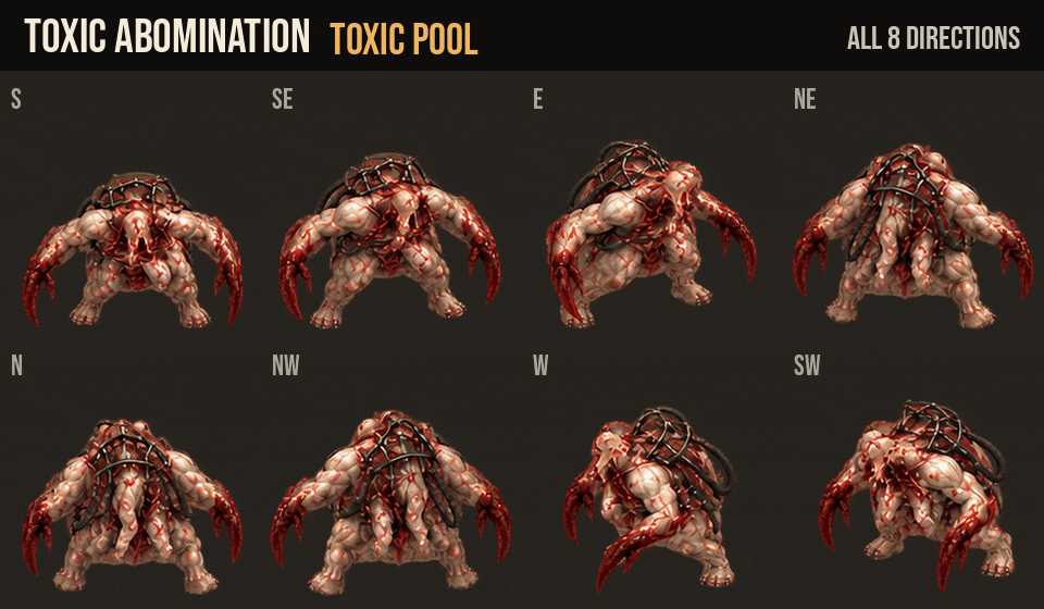 Toxic Abomination attacks, hurt and death in all 8 directions