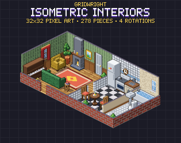 Gridwright Isometric Interiors: 32x32 Pixel Art Isometric Furniture, Walls & Floors (278 pieces) — image 1