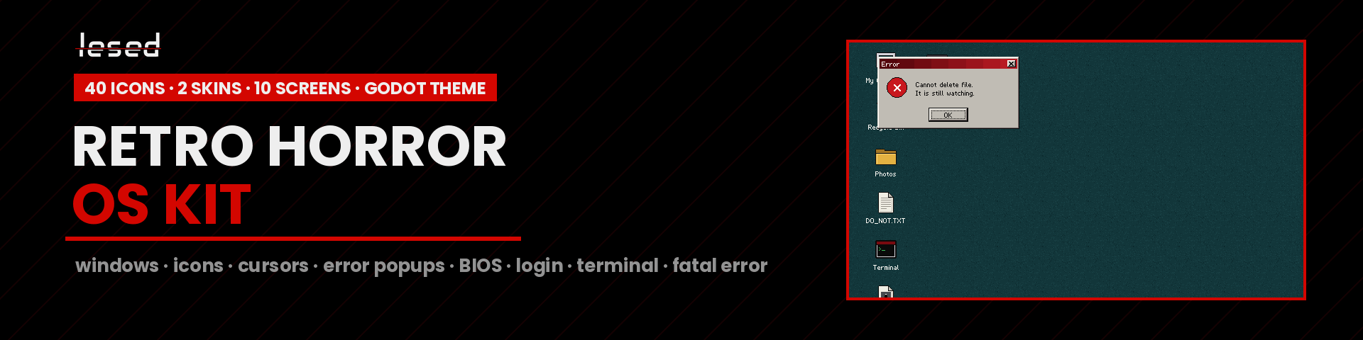 Retro Horror OS Kit – Pixel 90s Desktop UI, Icons, Cursors, Error Popups & Godot Theme
