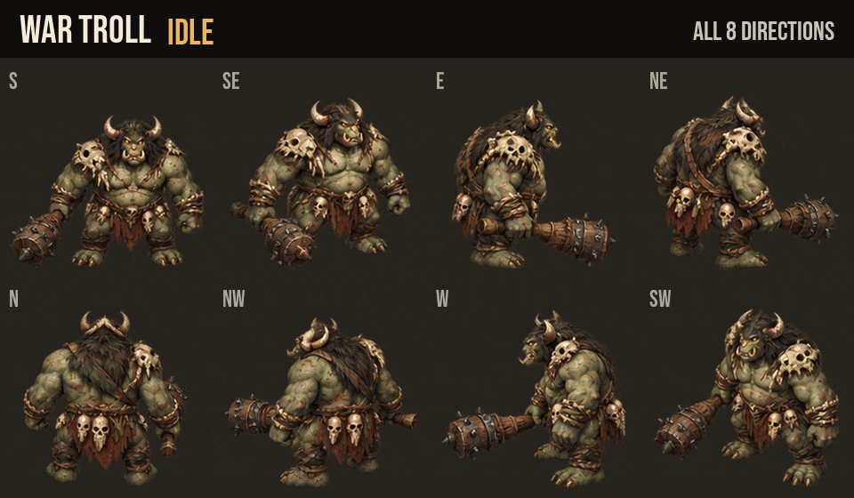 War Troll idle, walk and run in all 8 directions