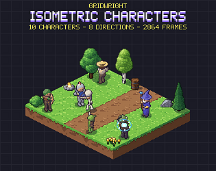 Gridwright Isometric Characters: 10 Animated Pixel Art Characters in 8 Directions (64x64, 2864 Frames)