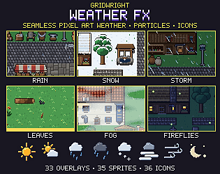 Gridwright Weather FX: Pixel Art Rain, Snow, Fog & Lightning - Seamless Loops + Icons (33 overlays)