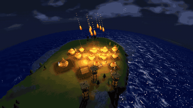 Firestorm on a village at night