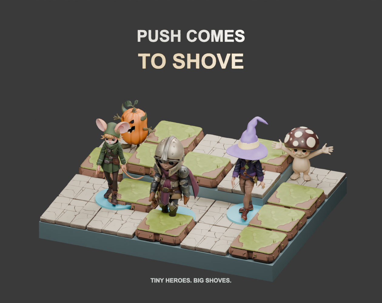 Push Comes to Shove — a knight, mouse ranger, and witch on a garden tactics board