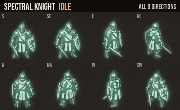 Spectral Knight: idle, walk and run in all 8 directions