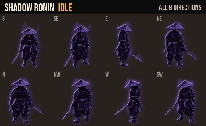 Shadow Ronin: idle, walk and run in all 8 directions