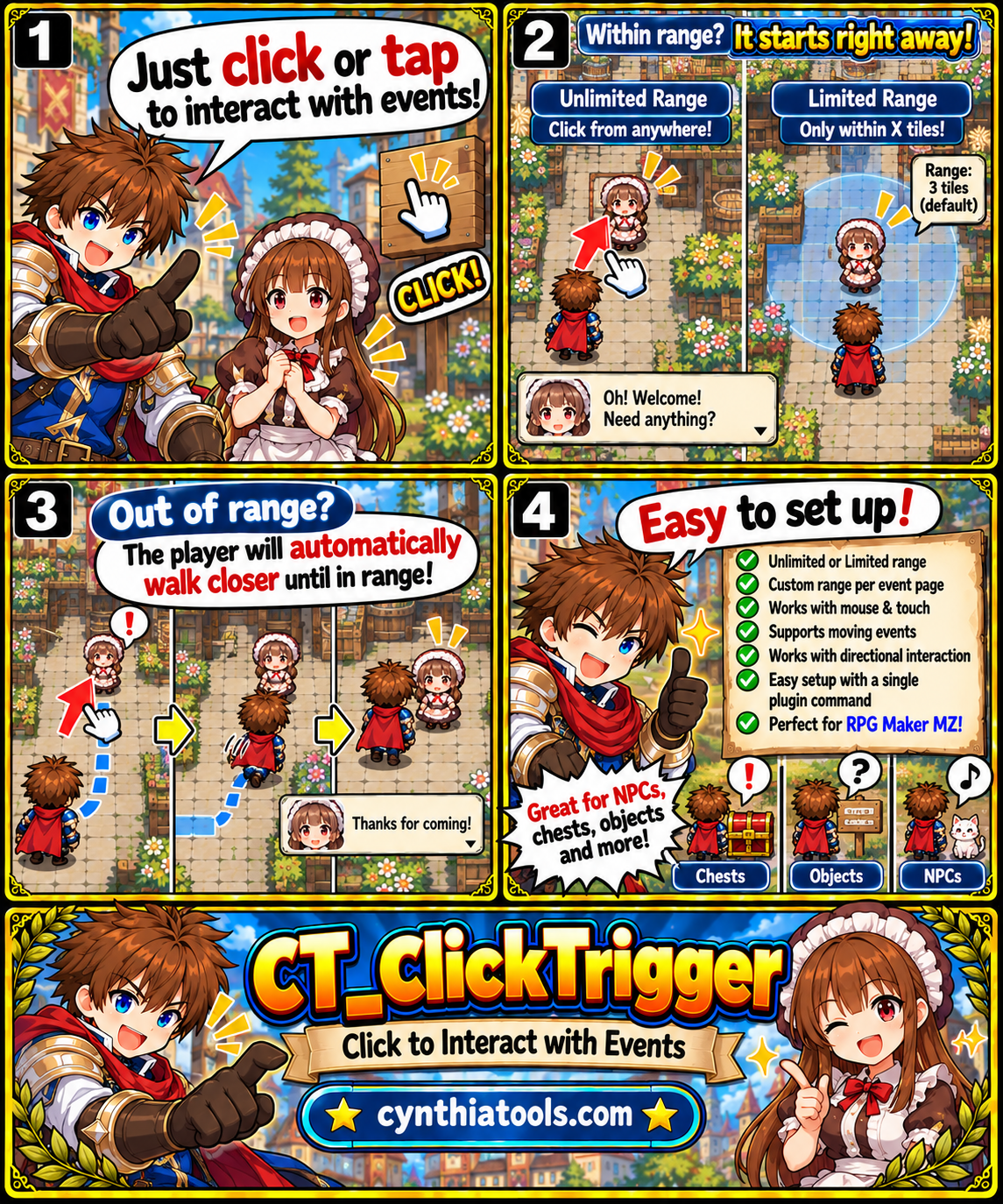 Four-panel anime RPG webcomic showing CT_ClickTrigger for RPG Maker MZ: click or tap an NPC to interact, choose unlimited or limited tile range, automatically walk closer to distant events, and configure interaction for NPCs, chests and objects.