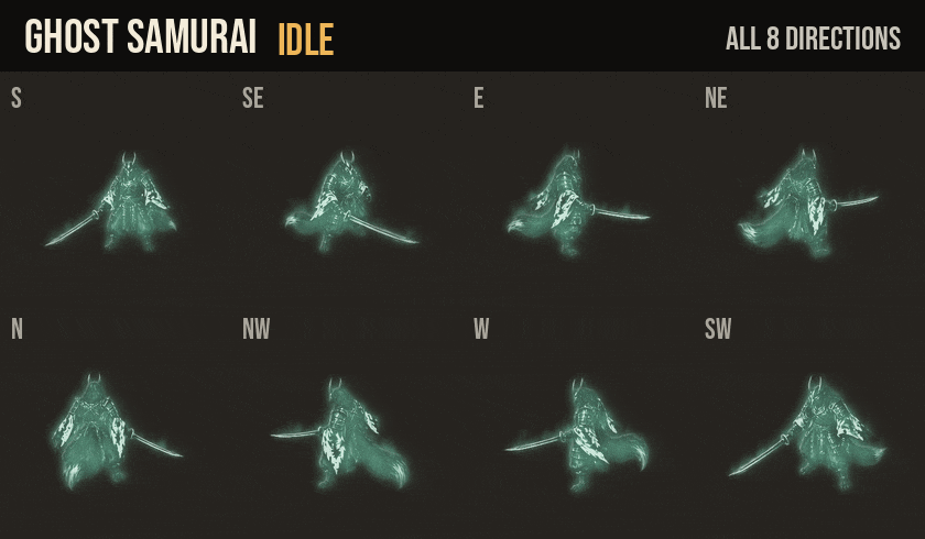 Ghost Samurai idle, walk and run in all 8 directions