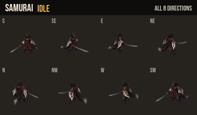 Samurai idle, walk and run in all 8 directions