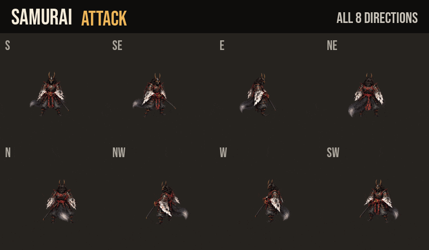 Samurai attacks, hurt and death in all 8 directions