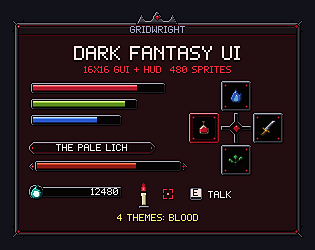 Gridwright Dark Fantasy UI: 16x16 Pixel Art Gothic GUI & Souls-like HUD (480+ sprites, 4 themes)