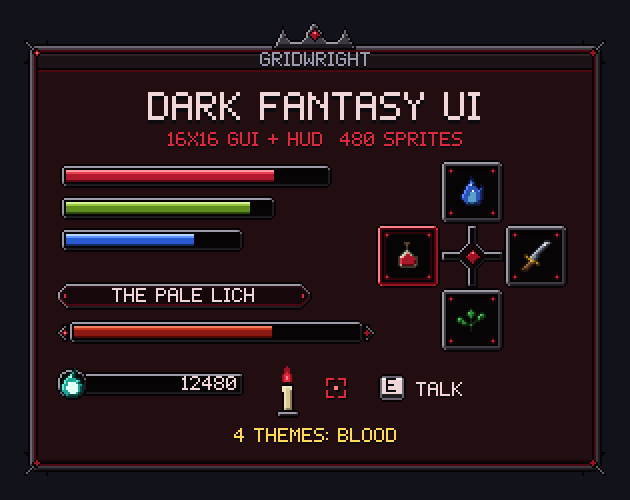 Gridwright Dark Fantasy UI: 16x16 Pixel Art Gothic GUI & Souls-like HUD (480+ sprites, 4 themes) — image 1
