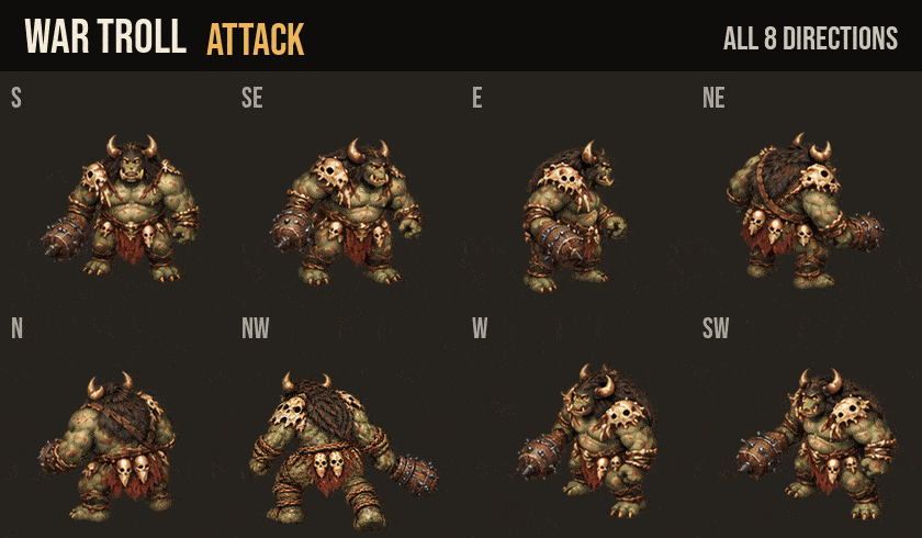 War Troll attacks, hurt and death in all 8 directions