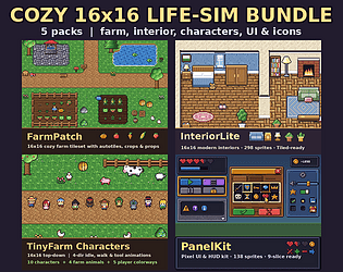 Cozy 16x16 Life-Sim Bundle - Farm, Interior, Characters, UI & Icons (5 Pixel Art Packs) cover