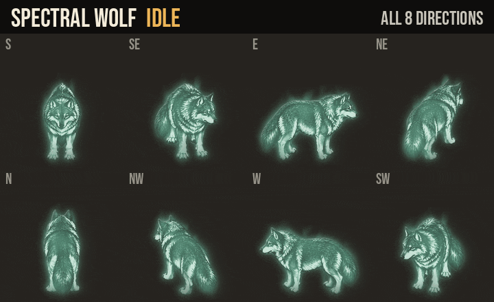 Spectral Wolf: idle, walk and run in all 8 directions