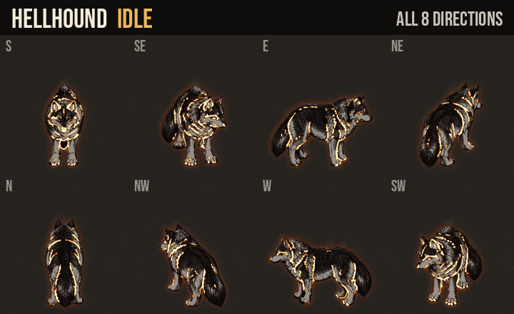 Hellhound: idle, walk and run in all 8 directions