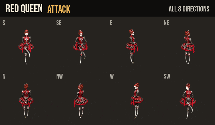 Red Queen attacks, hurt and death in all 8 directions