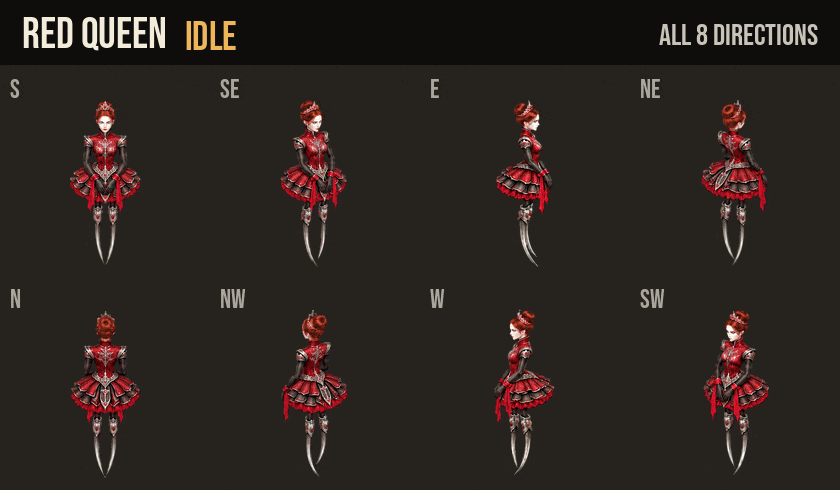 Red Queen idle, walk and run in all 8 directions