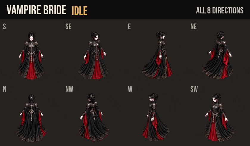 Vampire Bride: idle, walk and run in all 8 directions