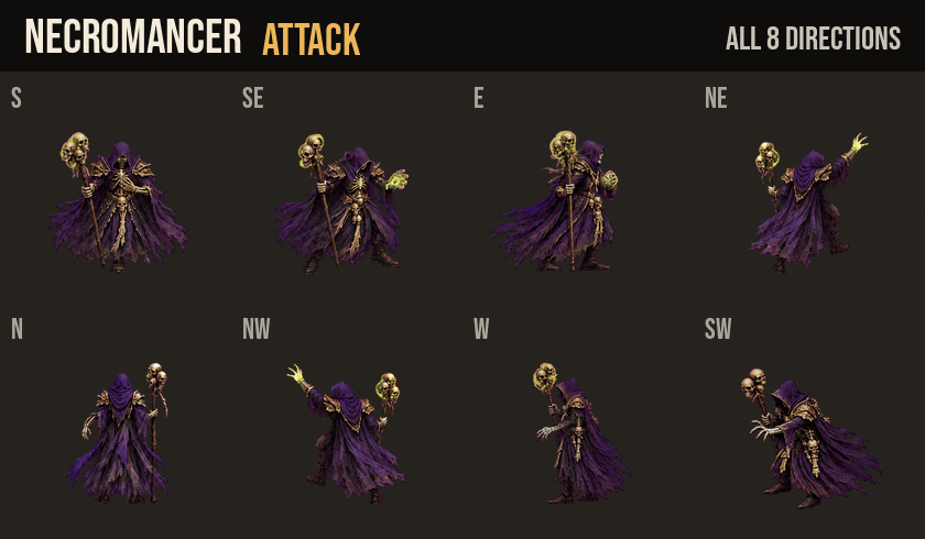 Necromancer attacks, hurt and death in all 8 directions