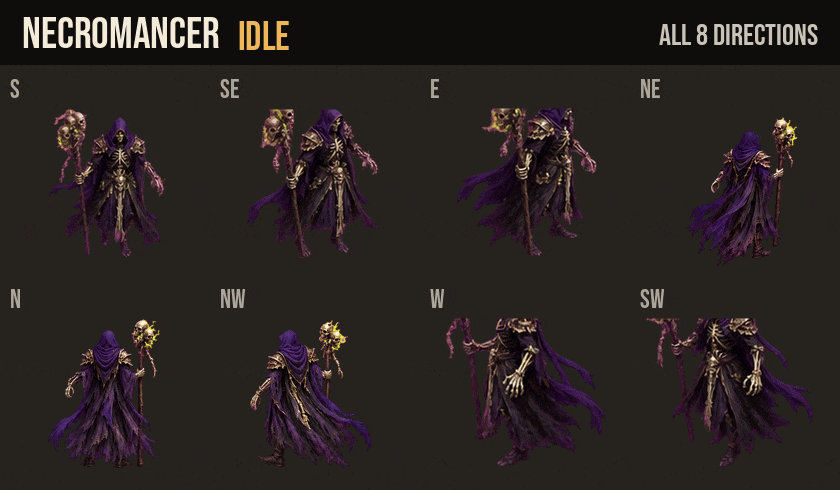 Necromancer idle, walk and run in all 8 directions