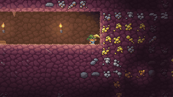 Mining a gold seam: swings, breaking rock and collecting ore.
