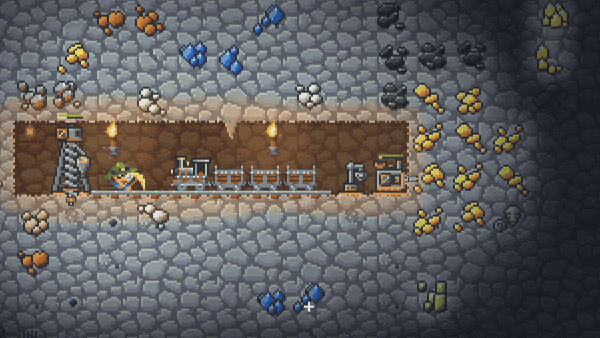 A working ore line: miners cutting and a loader arm filling a train.