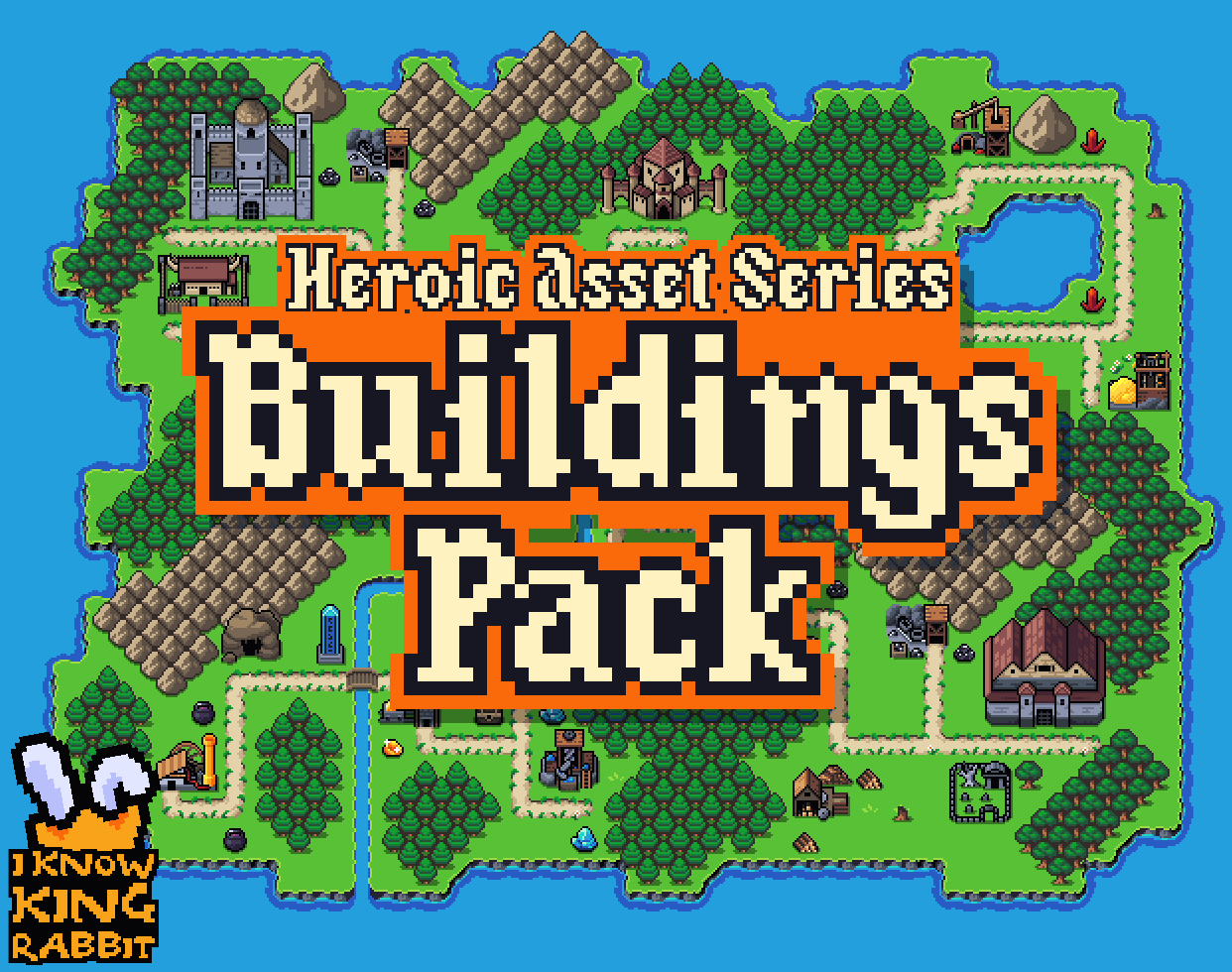 Pixel art map with various buildings, forests, mountains, and water, overlaid with bold text reading 'Buildings Pack'.