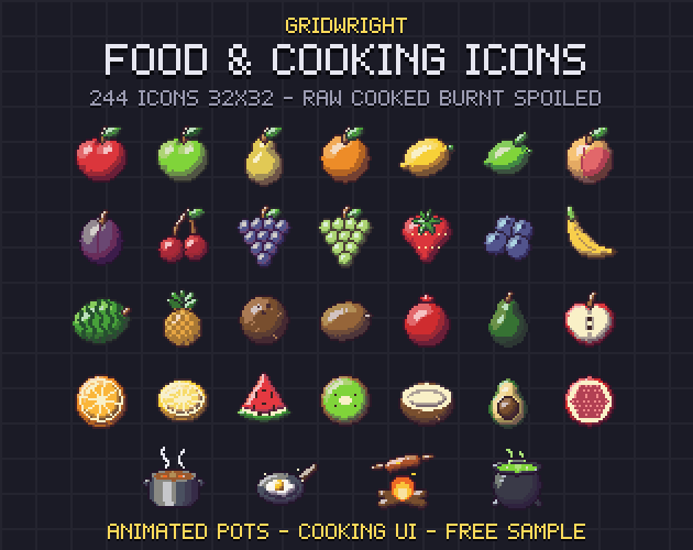 Gridwright Food & Cooking Icons: 32x32 Pixel Art Food, Drinks & Cookware (240+ icons) — image 1