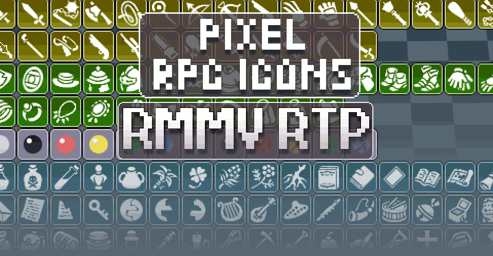 PIXEL RPG ICONS RMV RTP Pixel art RPG item icons in rows with bold text reading 'PIXEL RPG ICONS RMV RTP' in the center.