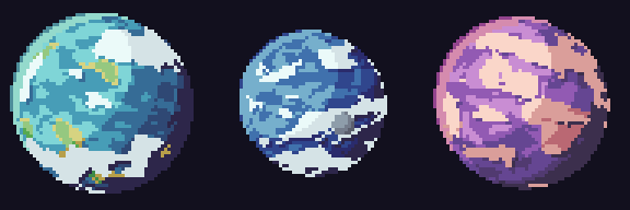 3 ocean planets spinning, 64 px at 3x