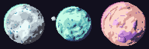 3 ice planets spinning, 64 px at 3x